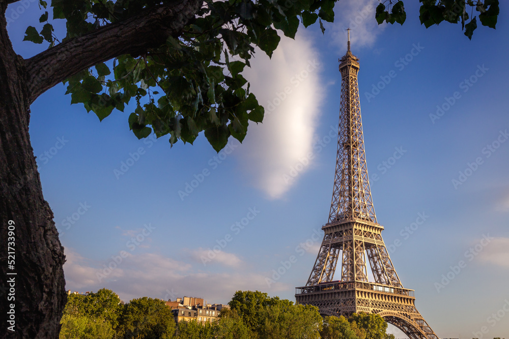 Eiffel tower view from trocadero silent corner with clouds Paris, France