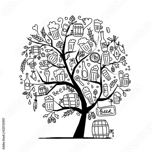 Oktoberfest, beer festival. Concept tree for your design. Outline colouring page. Vector illustration