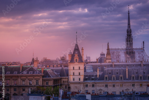 Saint Chapelle and quarter latin roofs at golden sunrise Paris, France