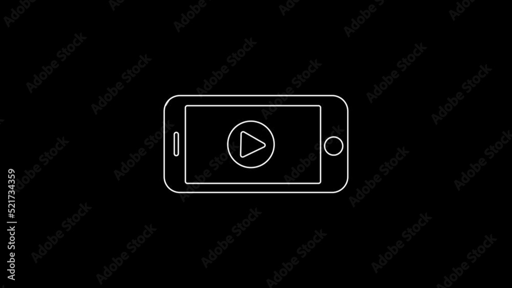 White line Online play video icon isolated on black background. Smartphone and film strip with play sign. 4K Video motion graphic animation White line Online play video icon isolated on black background. Smartphone and film strip with play sign. 4K Video motion graphic animation
