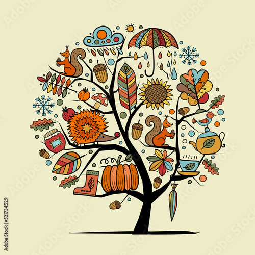 Autumn tree isolated on white, Fall season. Hand drawn concept art for your d...