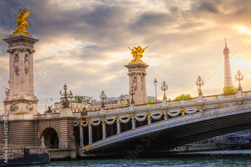 Eiffel Tower and Pont Alexandre III at dramatic sunset  Paris  france