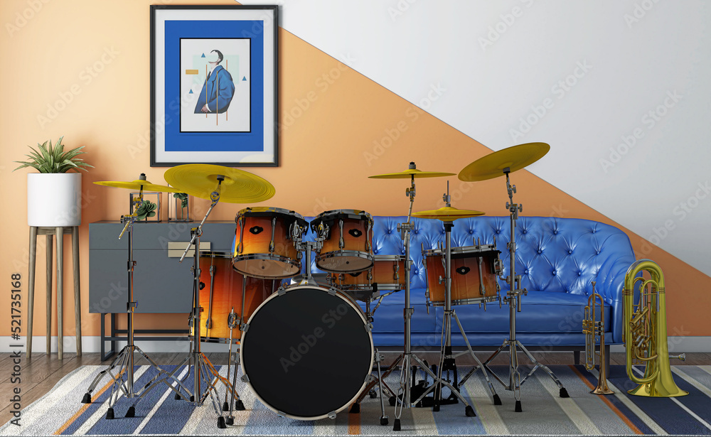 Elegant modern living room with musical instruments, 3d rendering, 3d illustration Elegant modern living room with musical instruments, 3d rendering, 3d illustration