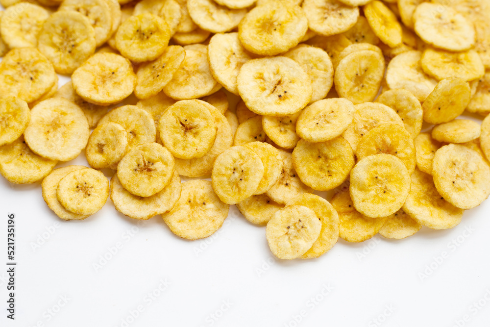 Banana slice chips on white background. Banana slice chips on white background.