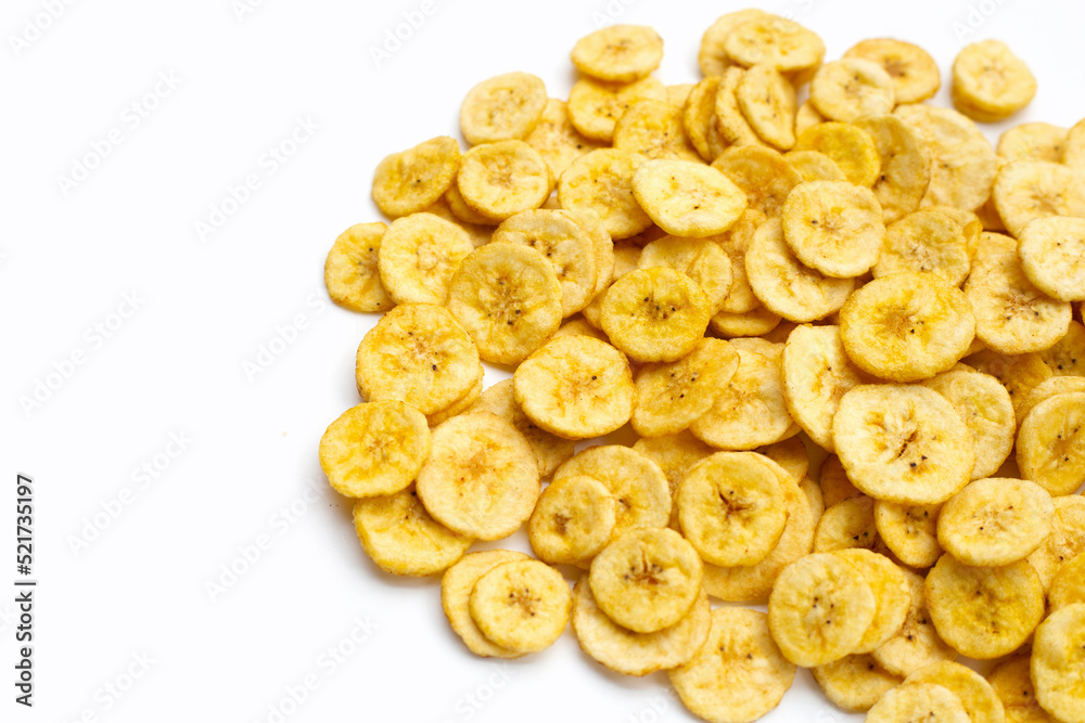 Banana slice chips on white background. Banana slice chips on white background.