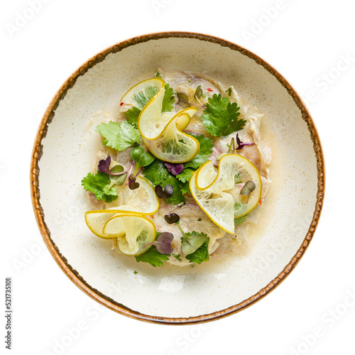 ceviche from dorado on plate isolated on white background top view