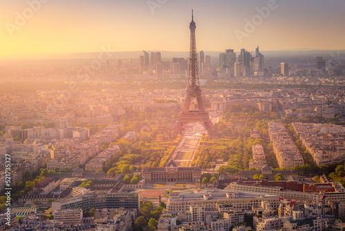 Eiffel tower and La Defense at dramatic sunrise Paris, France