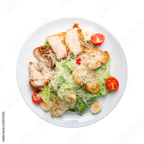 Salad caesar with chicken on white plate isolated on white background top view