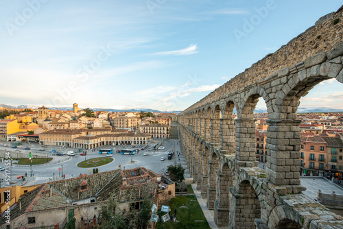 View of the city of Segovia with the Roman stone aqueduct to one side