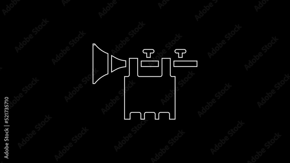 White line Trumpet with flag icon isolated on black background. Musical instrument trumpet. 4K Video motion graphic animation White line Trumpet with flag icon isolated on black background. Musical instrument trumpet. 4K Video motion graphic animation