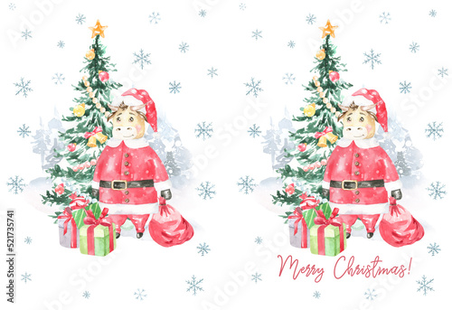 Watercolor winter forest,Christmas card illustration Merry Christmas text.Red bull in santa costume.Happy New Year character,Christmas tree, snowflakes,snowfall, present,Christmas Eve,greeting card © Catherine