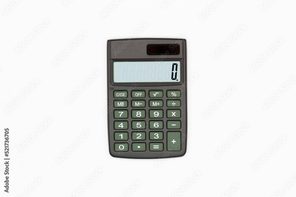 Calculator with big brown buttons and zero on the digital screen on a white background. Solar powered calculator. Electronic machine for math calculations. Business office supplies. Isolated. Close-Up Calculator with big brown buttons and zero on the digital screen on a white background. Solar powered calculator. Electronic machine for math calculations. Business office supplies. Isolated. Close-Up