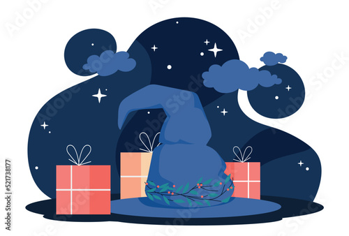 Befana hat concept. Traditional intalian fictional character for New Year and Christmas celebrations. Winter holidays and gifts for others. Poster or banner. Cartoon flat vector illustration