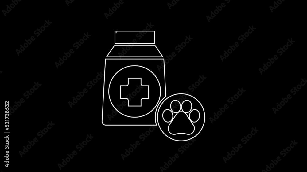 White line Bag of food for dog icon isolated on black background. Dog or cat paw print. Food for animals. Pet food package. 4K Video motion graphic animation White line Bag of food for dog icon isolated on black background. Dog or cat paw print. Food for animals. Pet food package. 4K Video motion graphic animation