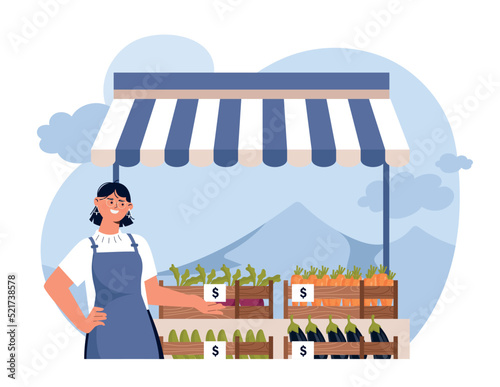Farmers market concept. Woman sells natural and organic products, harvest trade in countryside. Young girl offers carrots, cabbage and potatoes. Fresh vegetables. Cartoon flat vector illustration