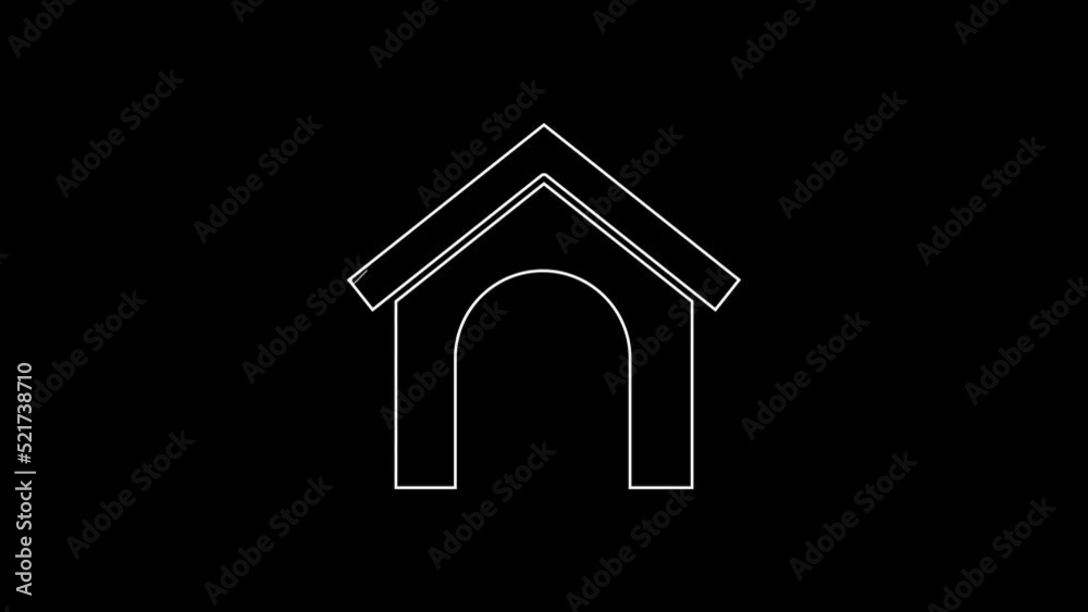 White line Dog house icon isolated on black background. Dog kennel. 4K Video motion graphic animation White line Dog house icon isolated on black background. Dog kennel. 4K Video motion graphic animation