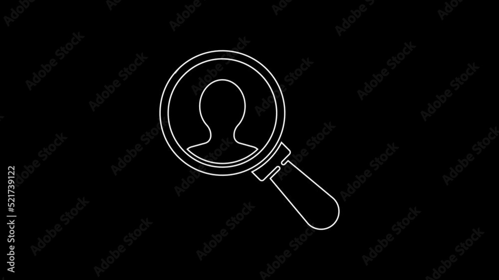 White line Magnifying glass for search a people icon isolated on black background. Recruitment or selection concept. Search for employees and job. 4K Video motion graphic animation White line Magnifying glass for search a people icon isolated on black background. Recruitment or selection concept. Search for employees and job. 4K Video motion graphic animation