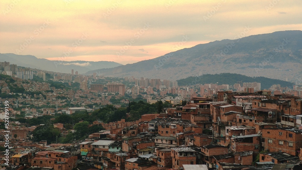 Panorama of Medellin by dusk, from Comuna 13, Antioquia, Colombia.