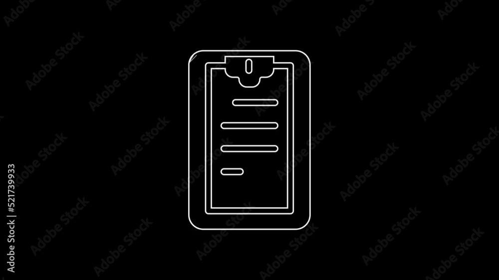 White line Clipboard with checklist icon isolated on black background ...