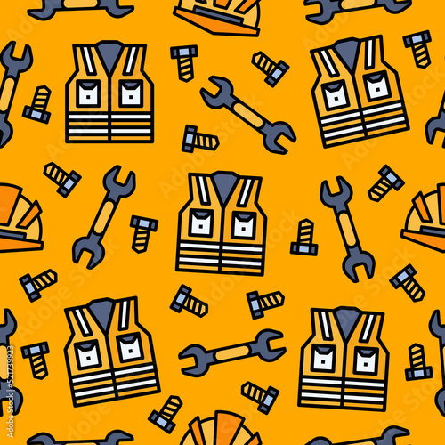 Seamless pattern of labour day worker helmet, wrench, vest, and bolt. Perfect for print on fabric textile, clothes, dress, wrapping, book cover, packaging, wedding invitation.