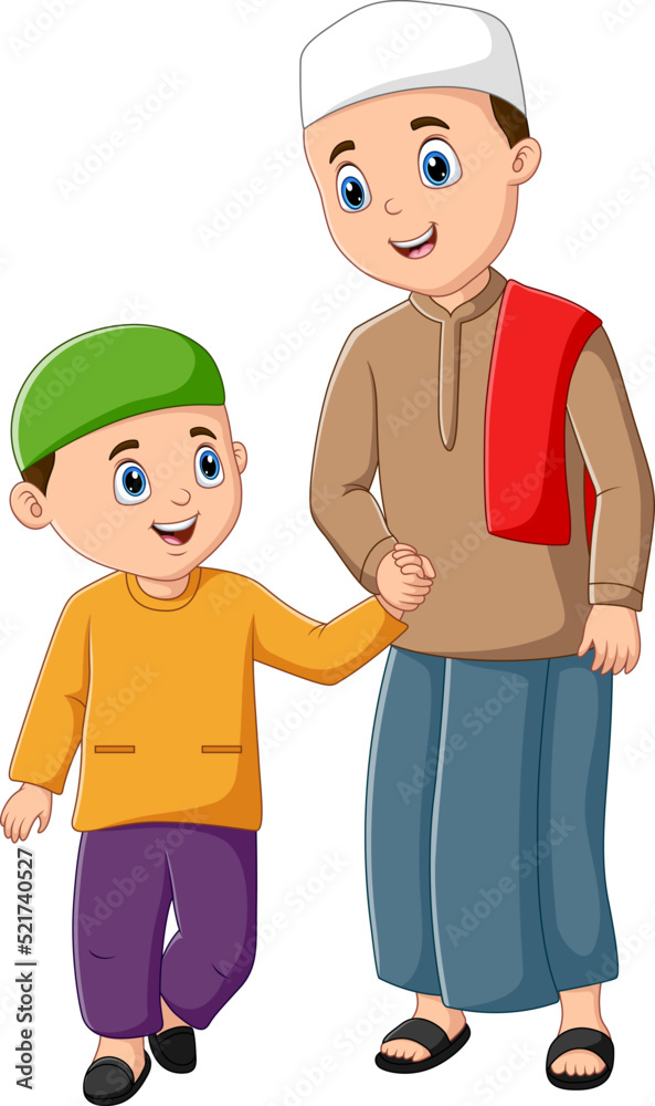 Cute little Muslim boy with his father illustration Cute little Muslim boy with his father illustration