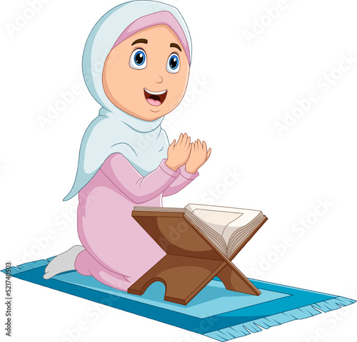 Cartoon girl praying and reading holy Quran