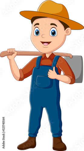 Farmer carrying a hoe to work in the farmland