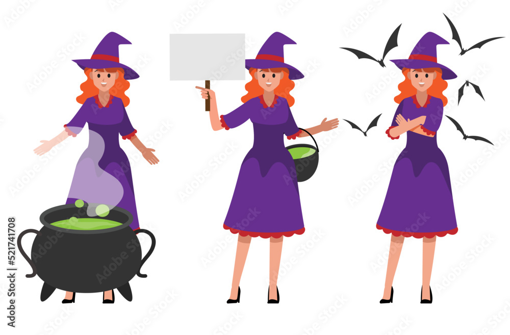  witch teen set wearing purple dress characters vector character set  ,Vector illustration