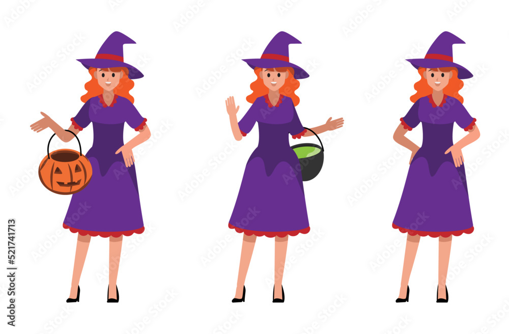 witch teen set wearing purple dress characters vector character set ,Vector illustration witch teen set wearing purple dress characters vector character set ,Vector illustration
