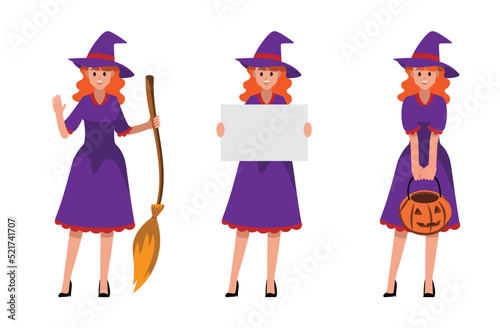  witch teen set wearing purple dress characters vector character set ,Vector illustration
