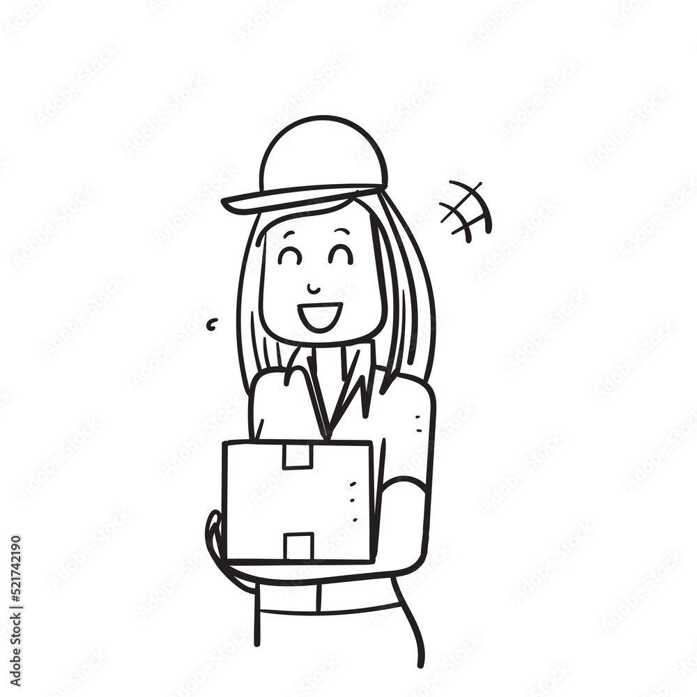 hand drawn doodle courier girl holding package box illustration vector