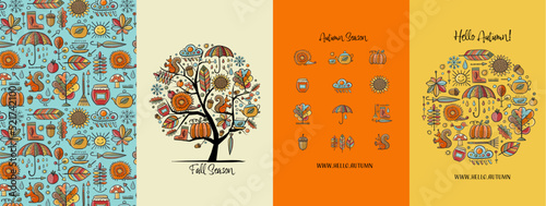 Autumn, Fall season. Frame, pattern, tree. Set of hand drawn concept art for your design project - cards, banners, poster, web, print, social media, promotional materials. Vector illustration