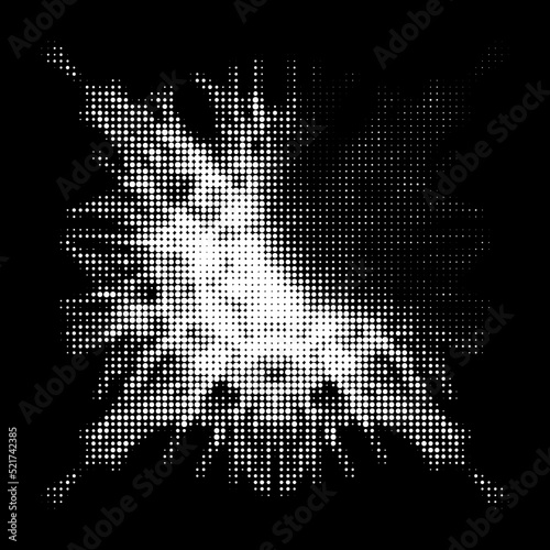 Quadrilateral ornament or dotted or polka dot halftone mandala with discoloration or shading in the right corner sector. Transparent outline of dots, polka dots, blots, spots, slicks, strokes. Vector. photo