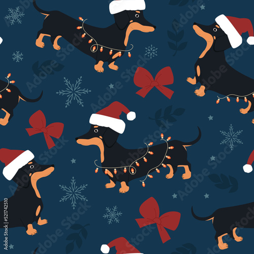 Seamless vector pattern with dog dachshund in a Christmas hat in a garland and Christmas elements. For fabrics, wrapping paper, wallpapers.