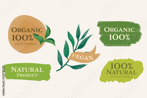 Organic label, natural label, organic banner with hand drawn stain brush watercolor. Tag and badge organic logo vegan food mark.