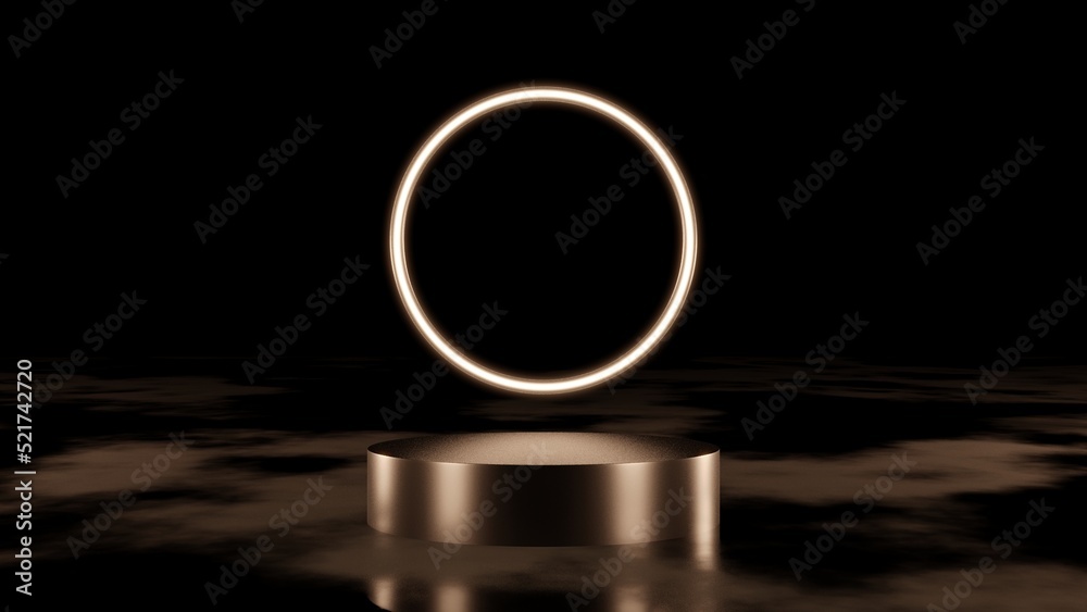 Dark scene black pedestal on wet ground with glowing circle as ornament, empty stage for product. 3D Rendering