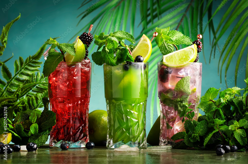 Tropical style cocktail party.. Summer refreshing alcoholic cocktails with  gin, tequila, vodka, lime, mint and ice, copy space Photos | Adobe Stock