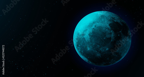 ฺBig blue moon shining with blue stars in the background. 3D rendering.