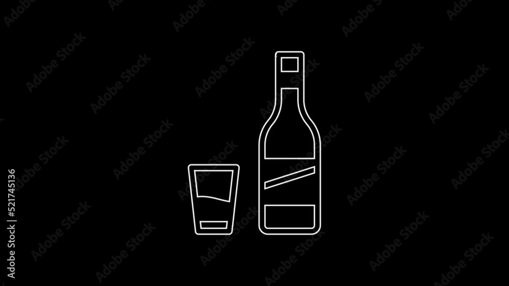 White line Bottle of vodka with glass icon isolated on black background. 4K Video motion graphic animation White line Bottle of vodka with glass icon isolated on black background. 4K Video motion graphic animation