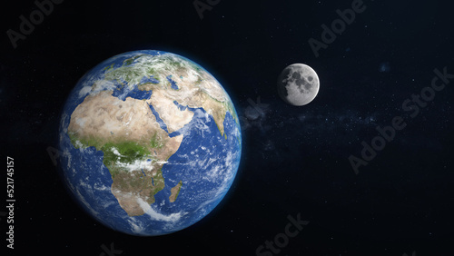 3D Render Close Up Earth World Planet And Show Up Moon From Behind On Galaxy Space 3D Illustration