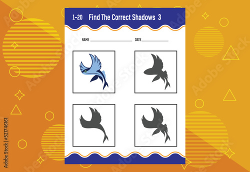 Find the correct shadow. Education developing worksheet. Matching game for kids.