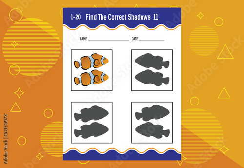 Find the correct shadow. Education developing worksheet. Matching game for kids.