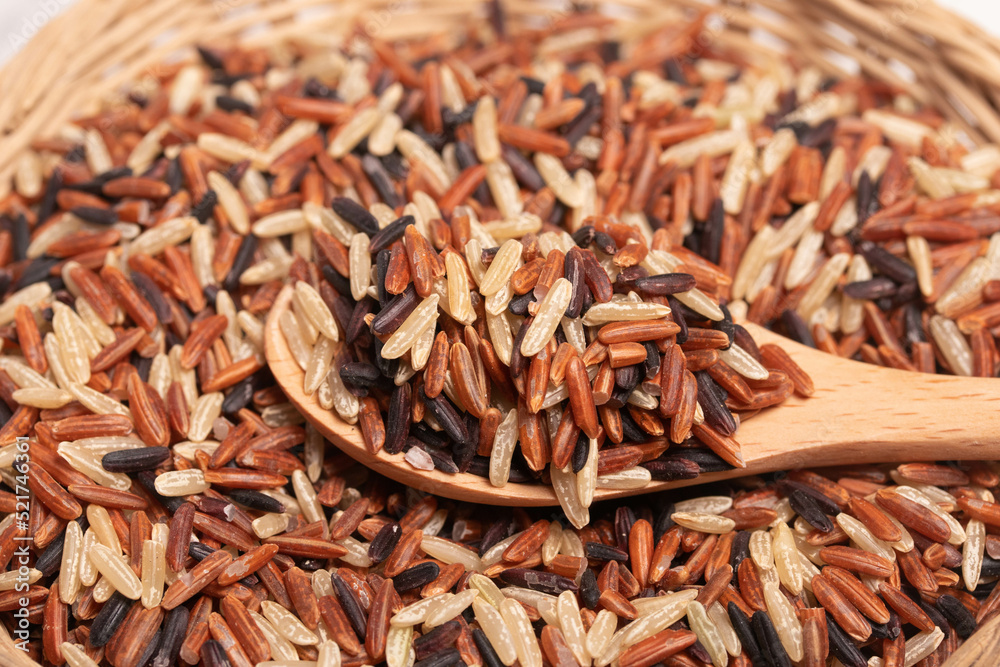 Three colors of Thai jasmine rice. High mineral rice, healthy food.