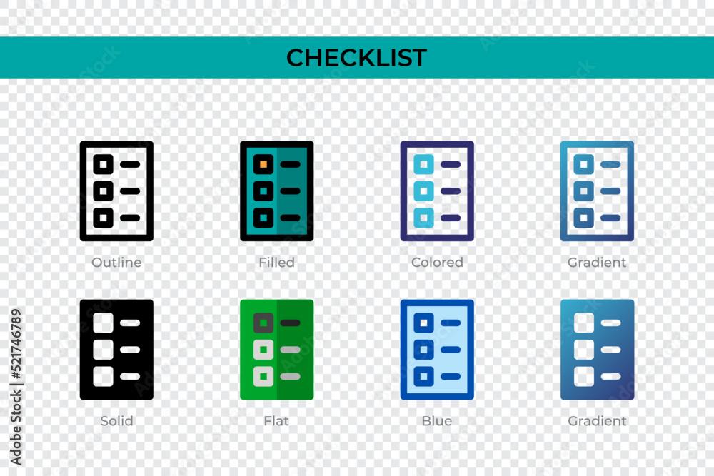 Checklist icon in different style. Checklist vector icons designed in outline, solid, colored, filled, gradient, and flat style. Symbol, logo illustration. Vector illustration