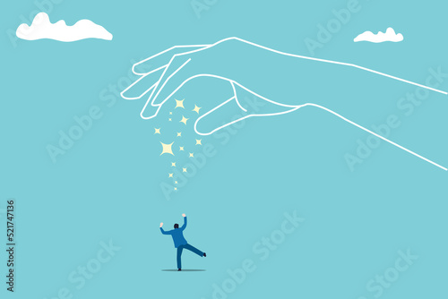 big hands drop stars with happy businessman to celebrate best performance. cheering or honor on success or achievement concept.