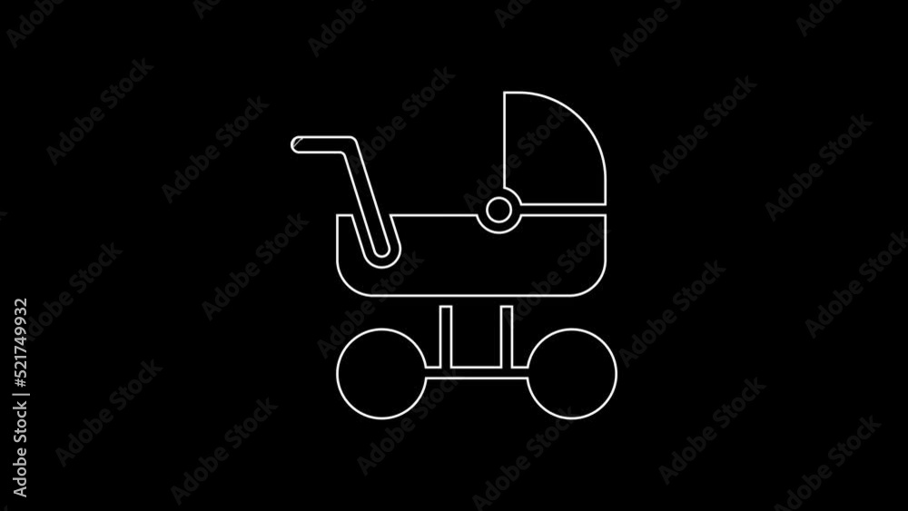 White line Baby stroller icon isolated on black background. Baby carriage, buggy, pram, stroller, wheel. 4K Video motion graphic animation White line Baby stroller icon isolated on black background. Baby carriage, buggy, pram, stroller, wheel. 4K Video motion graphic animation