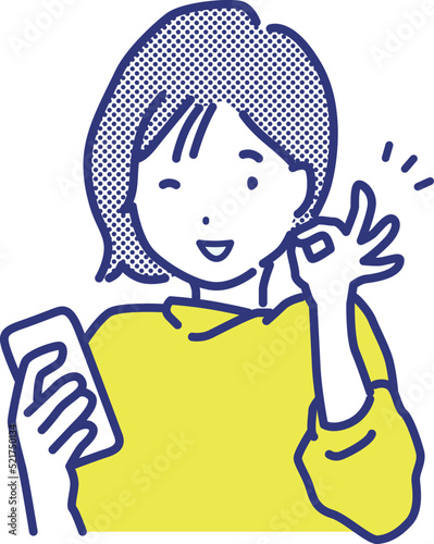 スマホを持ってOKサインする女性のイラストカット
