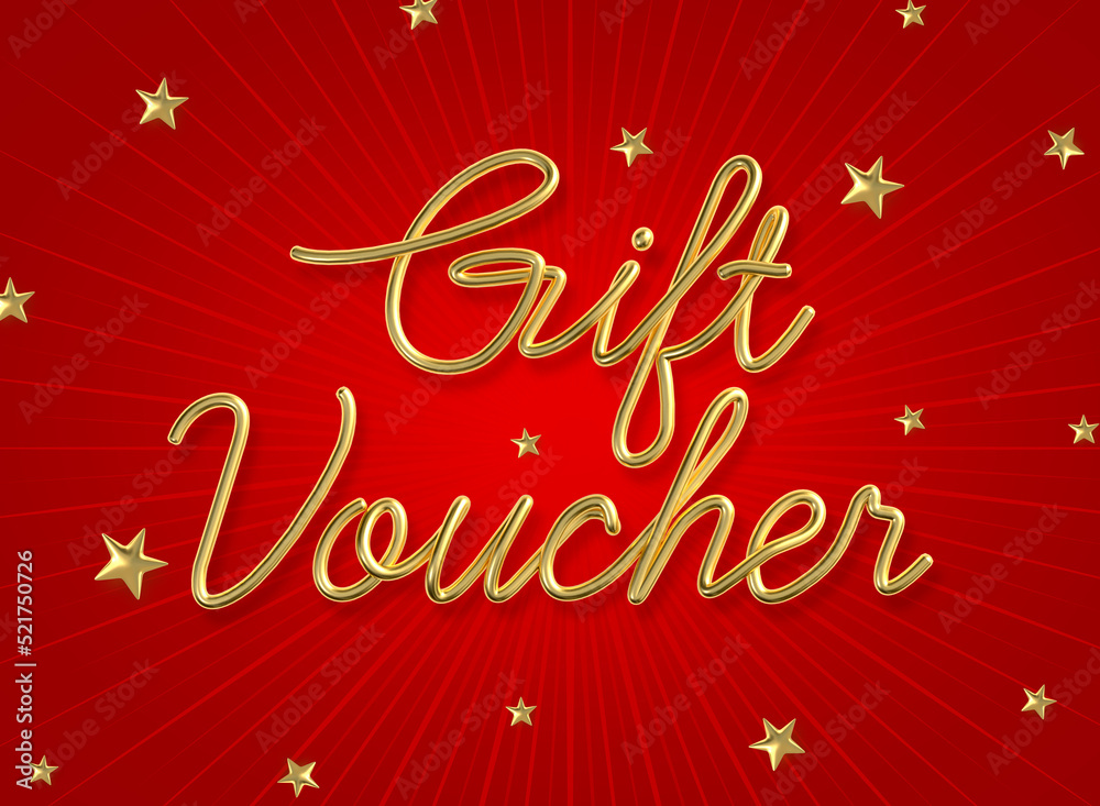 Gift voucher word made from realistic gold with star on red background. 3d illustration.