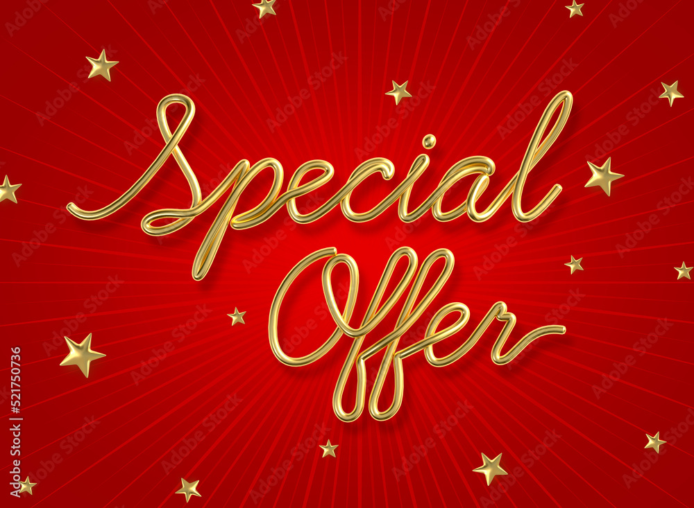 Special offer word made from realistic gold with star on red background. 3d illustration.