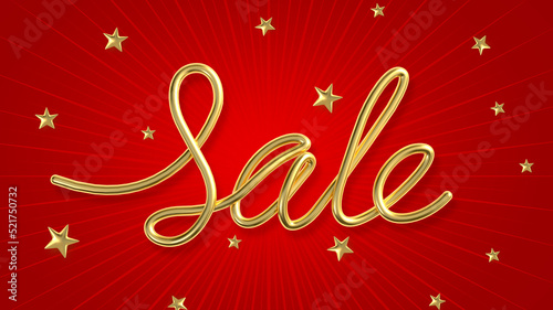 Sale word made from realistic gold with star on red background. 3d illustration.